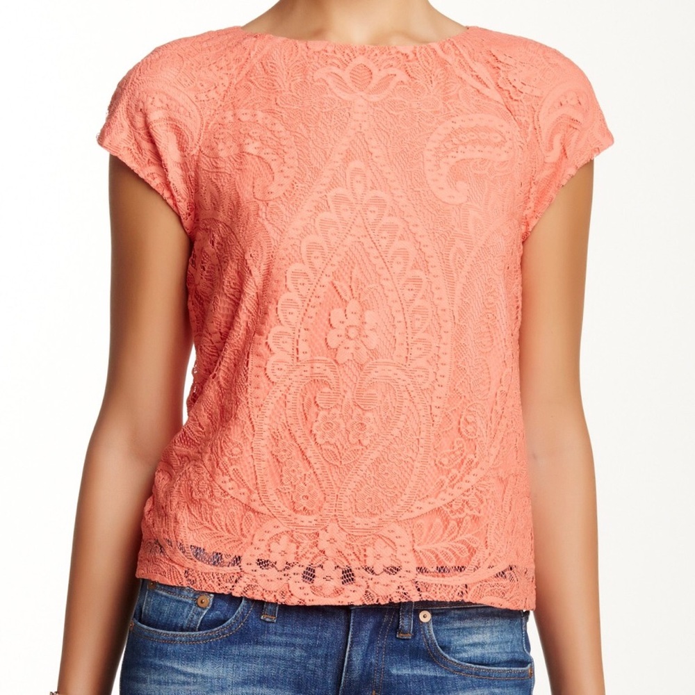 Alice + Olivia Coral Floral Lace Boxy Tee